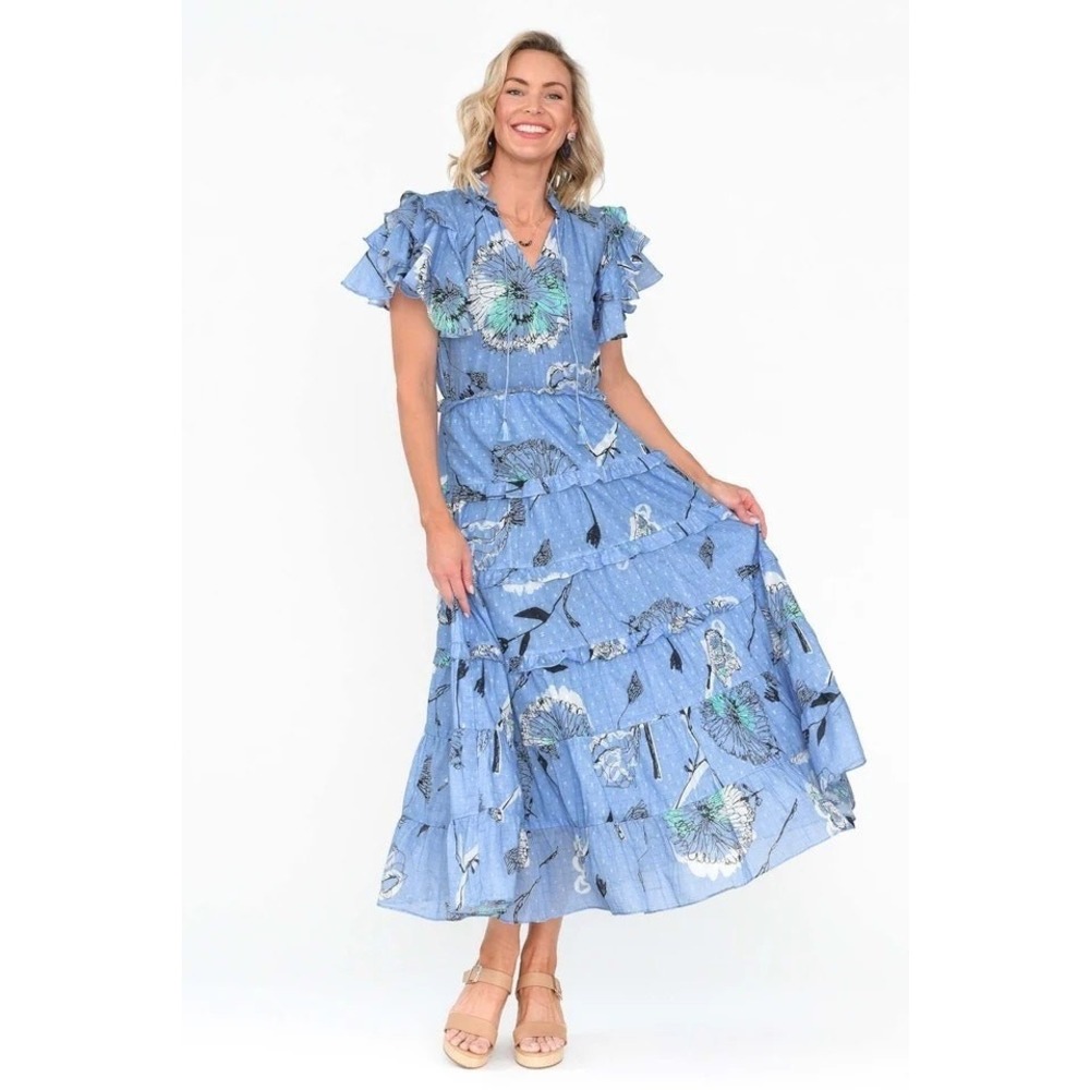 Maude Vivante Sana Blue Cotton Tiered Maxi Dress Small Boho Cottagecore  Garden